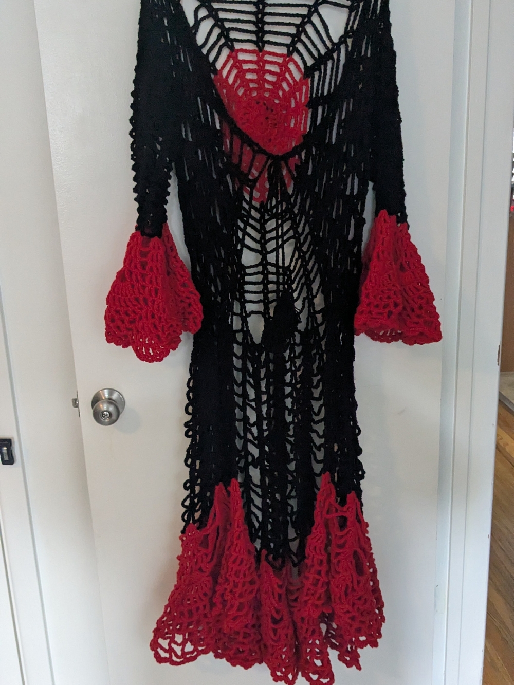 Black & Red Crochet Maxi Dress with Flared Sleeves